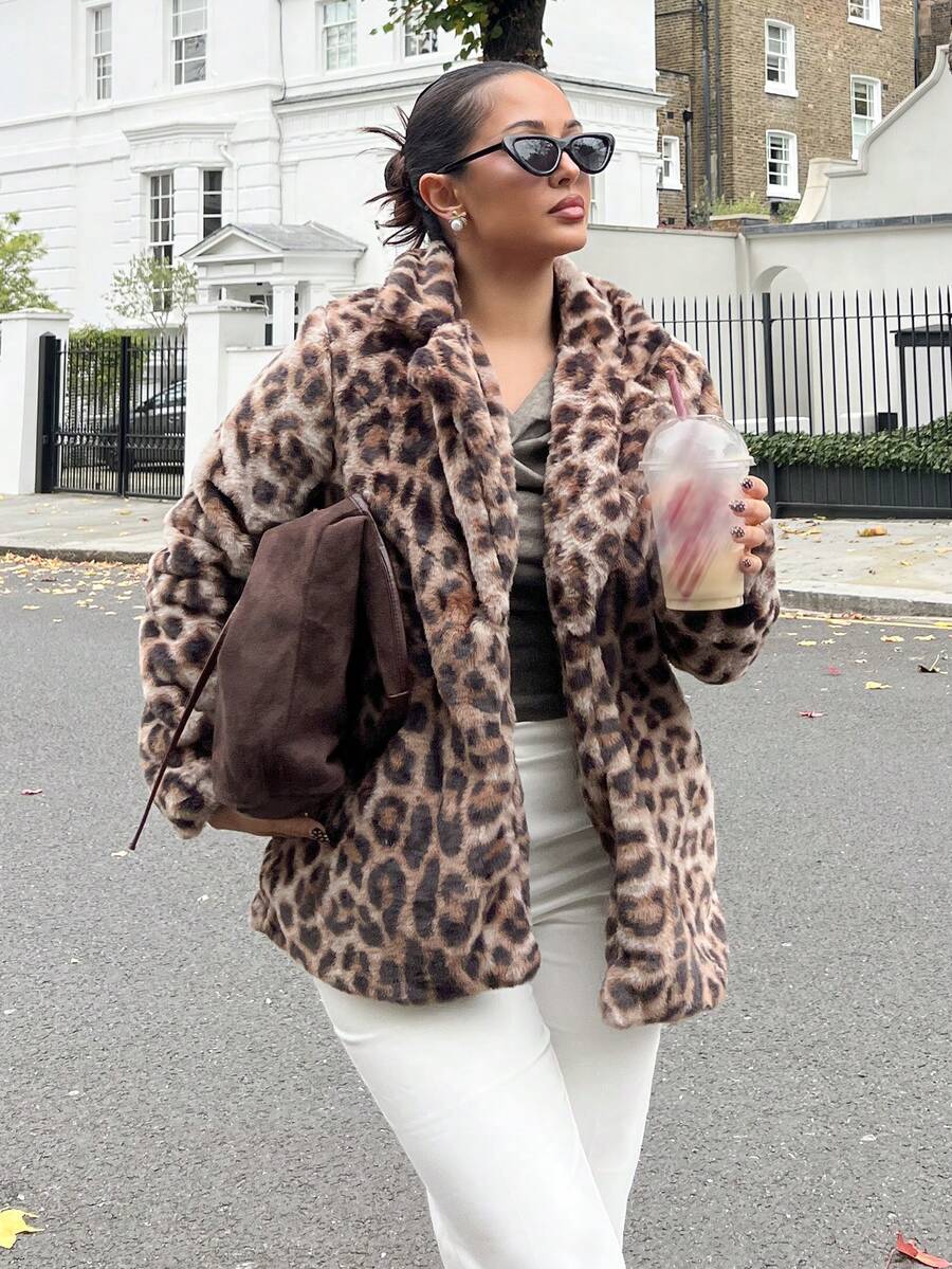 NegzBox Women's Vintage "Mob Wife" Style Leopard Print Faux Fur Coat, Autumn/Winter - Coffee Brown - View 1