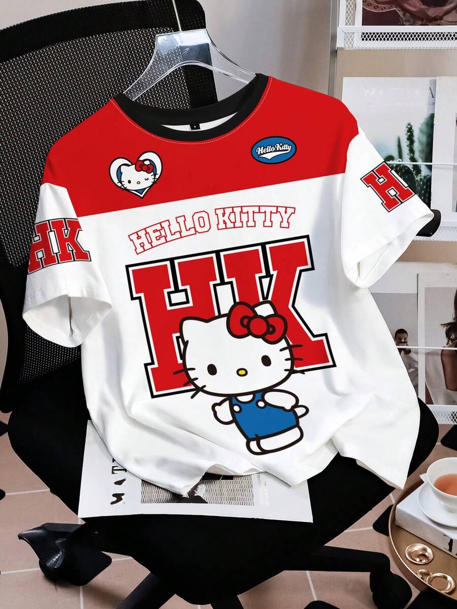 HELLO KITTY AND FRIENDS | SHEIN 女士休闲日常通勤时尚街头可爱卡通字母图案撞色短袖T恤，夏季 - 白色 - 查看 1