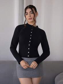 Andrea Bello Short Slim Front Button Solid Color Long Sleeve Simple Casual Knit Cardigan, Sweater,Short Women's Sweater,Women's Sweaters,Knit Sweaters,Winter Women's Clothing,Fall Women's Clothing,FW24,Tops For School - Black - View 5