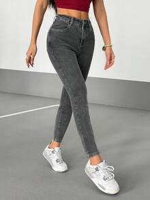 SHEIN PETITE 女式休闲街头风格牛仔裤 - 灰色 - 查看 5