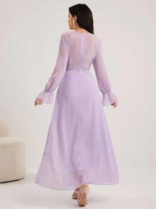 Modelyn 女士网纱刺绣拼接雪纺长袖喇叭连衣裙 - 淡紫色 - 查看 2