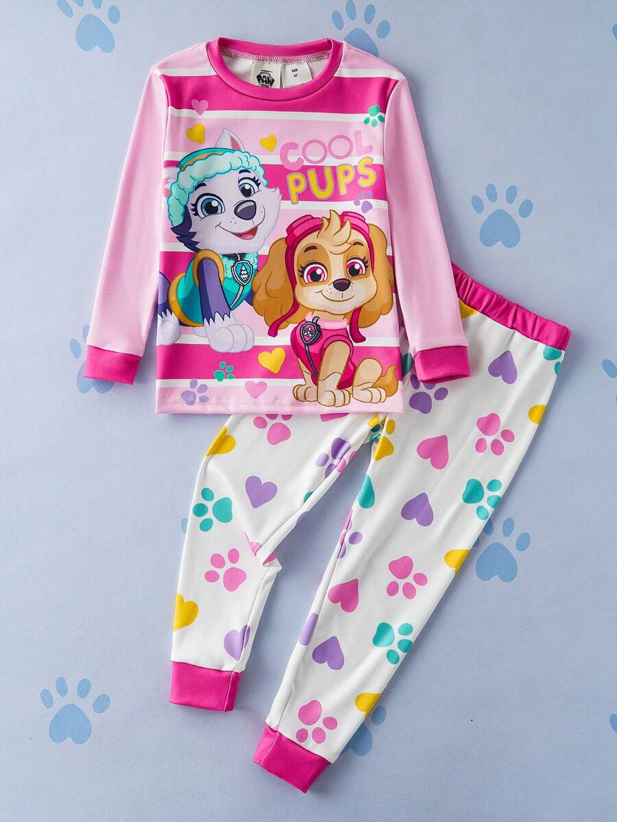 SHEIN | PAW Patrol 2pcs/Set Young Girl Cute Cartoon Puppy Print Crew Neck Long Sleeve Top And Pants Knit Comfortable Stretchy Snug Fit Pajama Set - Pink - View 1