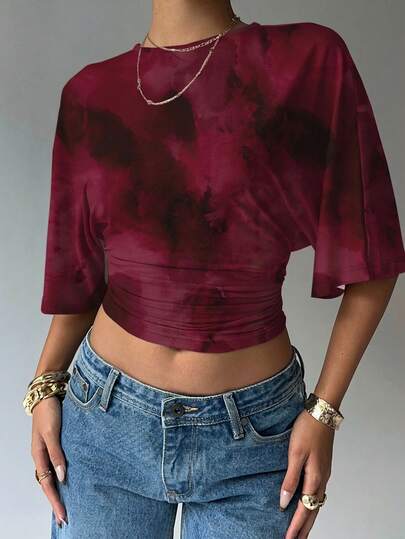 Aloruh Women's Casual Elegant T-Shirt, Suitable For Summer, Red Tie-Dye T-Shirt,Red Top,Summer Outfit For Women,Going Out Top Spring