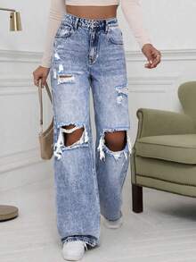 SHEIN Teen Girl Spring Summer Light Washed Blue Distressed Loose Low Waist Baggy Straight Jeans,Casual Baggy Boyfriend Jeans,Basic Simple Denim Loose Jeans,Dailywear Spring And Summer Rave Festival And Streetwear - Light Wash - View 3