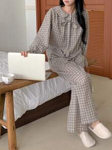DAZY Sweet Plaid Peter Pan Collar Tie Sleepwear Set For Women - Khaki - View 7