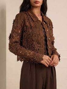 Lilora Blusa de encaje floral de manga larga elegante para mujer, chaqueta de punto marrón, chaqueta marrón para mujer, chaqueta de encaje de invierno para mujer elegante, nueva blusa corta de encaje 3D con flores para mujer, perfecta para Año Nuevo, citas y talla grande. - Marrón - Ver 5