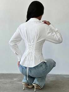 Firerie Women's Blue And White Striped Long Sleeve Shirt, Tie-Waist Shirt, Casual Commuter Shirt, Vacation Shirt, Cinched Waist Striped Shirt, Suitable For Spring, Summer, Autumn And Winter, Elegant, Vacation, Bohemian, Work Attire White Blouses Elegant Women White Shirt White Long Sleeve Blouse - White - View 6