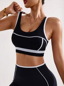 Seamluxe SHEIN Sport Seamless High Elastic Sports Fitness Bra, Fashion Color Blocking - Black and White - View 4