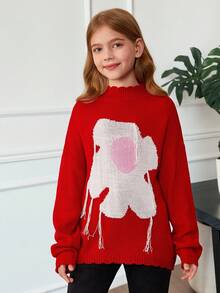 Tween Girl Oversized Casual Minimalist Cozy High Neck Floral Pattern Long Sleeve Warm Sweater - Red - View 4
