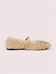 CUCCOO DOLLMOD Rhinestone Decor Plush Casual Comfortable Versatile Flat Shoes, Suitable For Daily Commute - Khaki - View 10