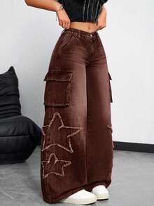 SHEIN Unity Jeans de uso diario minimalista con estampado de estrella para tallas grandes - Marrón - Ver 8