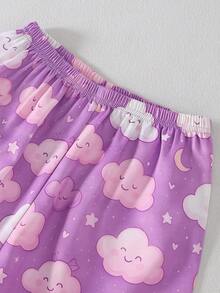 2pcs Girls Casual Smile Cloud Print Cardigan Short Sleeve Shorts Pajama Set - Multicolor - View 5