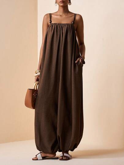 Zivah 女士纯色褶裥口袋休闲法式派对旅行连体裤