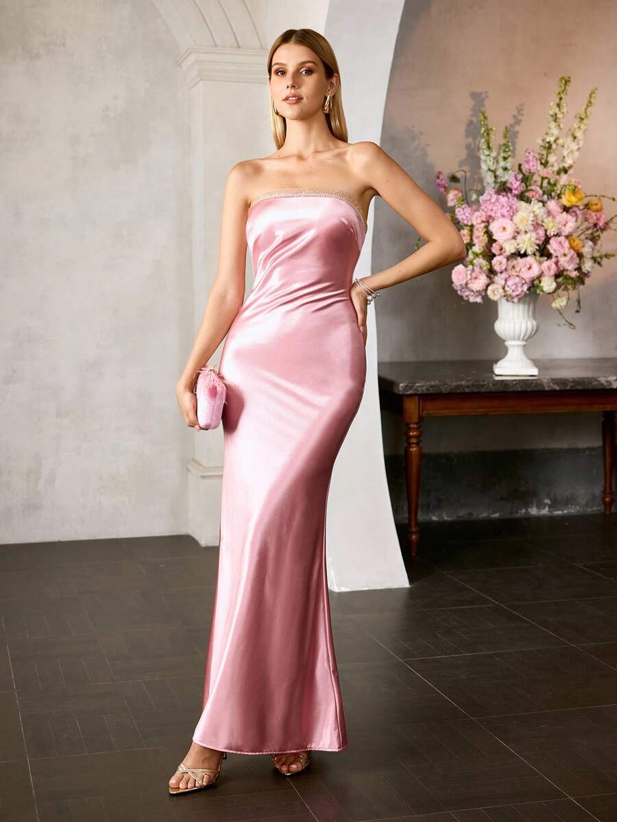 MOTF PREMIUM BEADED EMBROIDERED STRAPLESS MERMAID HEM COCKTAIL DRESS