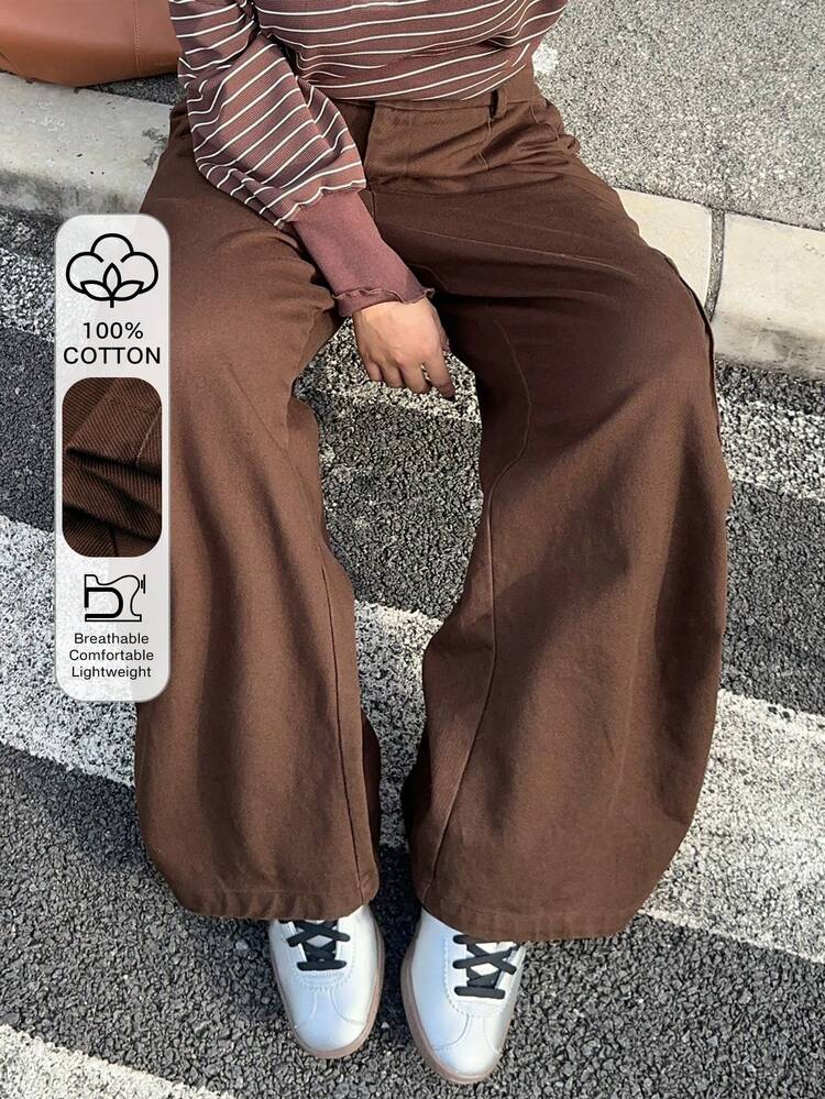 Dazy Plus Plus Size Women Casual Solid Color Elastic Waist Side Pockets Straight Leg Loose Cargo Pants, All Season