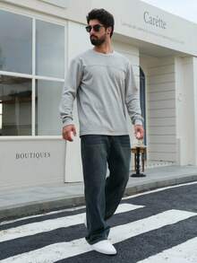 DAZY Men's Loose Fit Grey T-Shirt With Letter Embroidery, Autumn - Grey - View 5