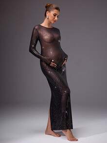 MaterniChic Maternity Clothes Black Sequin Mesh Sheer Fitted Dress,Autumn Elegant Formal Evening Night Out Club Pregnancy Dress For Photoshoot Baby Shower - Black - View 3