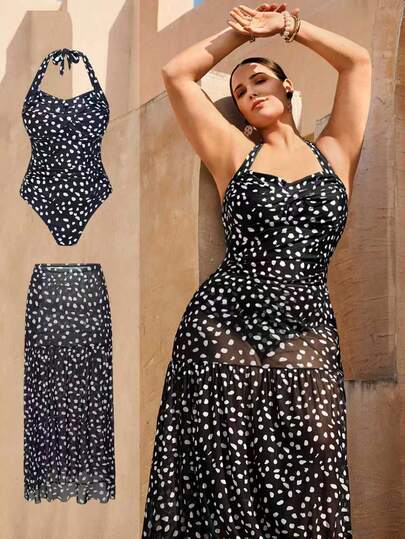 Swim Oasis Conjunto de 2 piezas talla grande para mujer, estampado de lunares aleatorios en negro y blanco, ropa de vacaciones y casual de moda, falda larga de malla con estampado de lunares adjunta a un bikini, conjunto de alta gama
