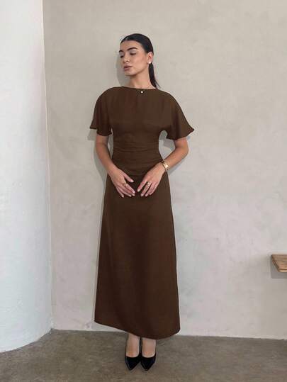 Andrea Bello Women Summer Solid-Color Linen Blend Dress Elegant Brown Evening Dress Brown
