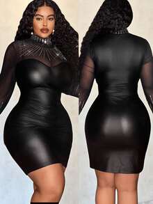 Veslaya 大码女式高领网纱拼接水钻装饰长袖派对连衣裙 - 黑色 - 查看 9