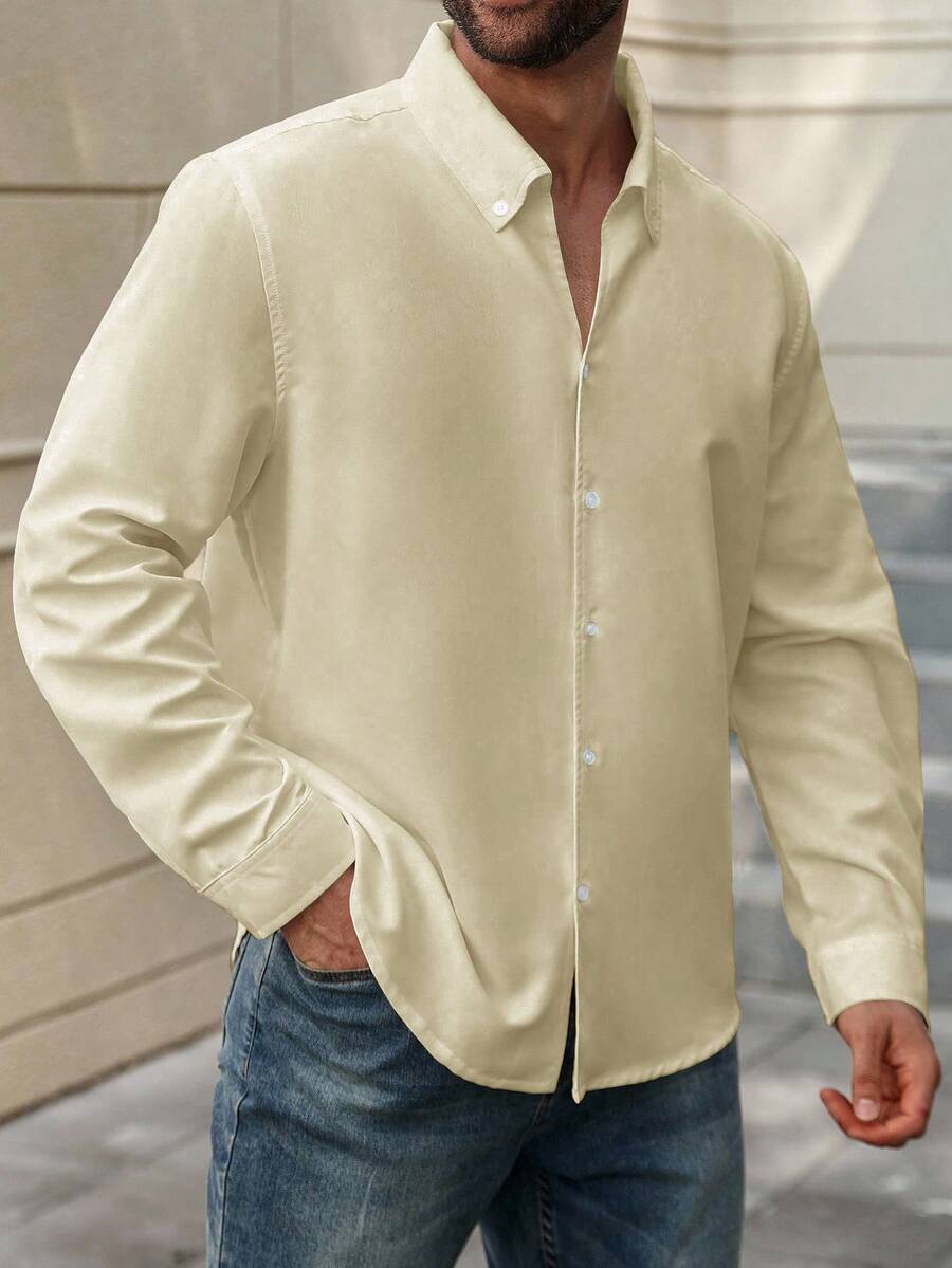 Manfinity Homme Plus Size Men's Solid Color Casual Long Sleeve Shirt Men's Long Sleeve Shirt Beige Men Shirt - Apricot - View 1
