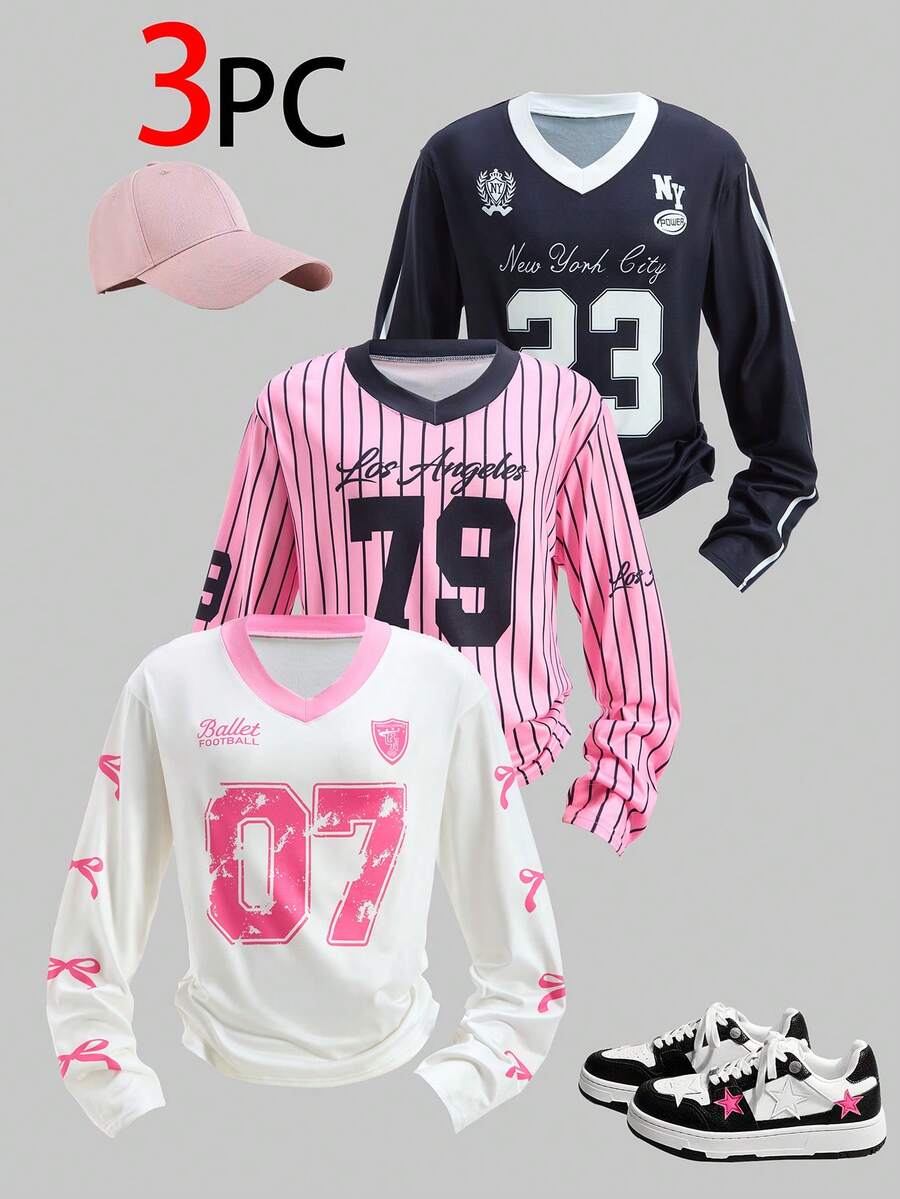 SHEIN 3pcs Teen GirlTrendy Sporty Letter & Number Print Long Sleeve T-Shirts (Pink Striped, White, Pink), Regular Thickness, Casual, Autumn - Multicolor - View 1