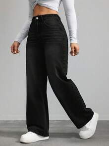 SHEIN CURVE+ 大码女式牛仔风蓝色无弹修身直筒牛仔裤，秋季款 - 黑色 - 查看 4
