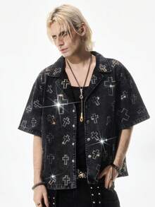 ROMWE MEN Street Life 男士水钻十字贴花落肩单排扣休闲牛仔衬衫 - 黑色 - 查看 1