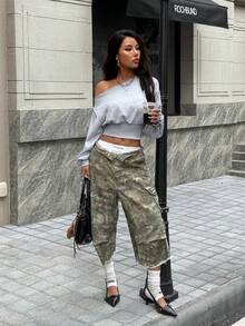 SHEIN EZwear 秋冬季不对称领口落肩短款卫衣/长袖上衣 - 淺灰色 - 查看 5