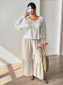 Lounesse 2件套加大码女士休闲度假衬衫和裤子套装 - 杏色 - 查看 1