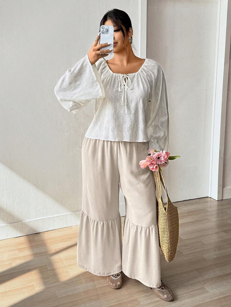 Lounesse 2件套加大码女士休闲度假衬衫和裤子套装 - 杏色 - 查看 1