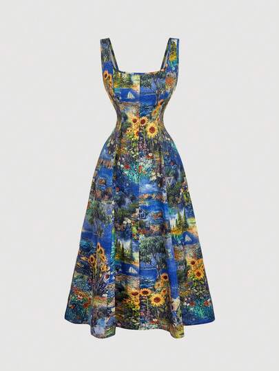 SHEIN MOD Damklänning med vintagetryck och lapptäcke, ärmlös och rygglös