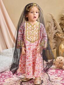 SHEIN 女嬰 Jalabiya Abaya 粉橘色秋季優雅生日兩件套，附網紗髮箍，阿拉伯傳統長袖碎花洋裝 - 黃色 - 查看 4