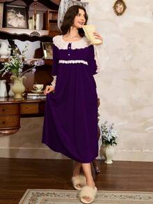 Côtesoire Camisón elegante de mujer con volantes de encaje y contraste de color al estilo francés - Morado - Ver 5