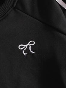 2pcs/Set Girls Casual Minimalist Crew Neck Sweatshirt Set, With White Ribbon Trim On Sleeve And Pant Side, Suitable For Spring & Autumn, Heavy Weight 250G Sweatshirt Jacket - Black - View 9