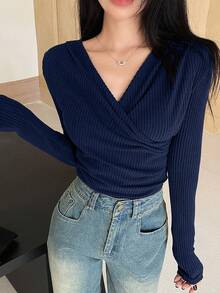 DAZY Áo thun nữ dáng suông màu trơn, kiểu quấn chéo, thích hợp cho mùa Thu/Đông. - Màu xanh hải quân - Xem 7