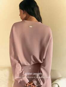 GLOWMODE Modal Soft Warm Curved Bubble Hem Waist Length Relaxed Sleeves Ribbed Cuffs Two-Way Wear Crew Neck Pullover Sweatshirt Daily Casual Wear Fall Winter - Dusty Pink - View 2