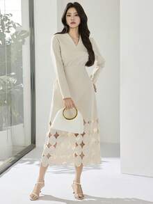 Heiryn Váy suông cổ chữ V khoét sâu màu trơn thanh lịch dành cho nữ, mùa xuân/thu - Màu be - Xem 6