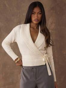 SHEIN BAE Women's Casual Solid Color Lace-Up Wrap Sweater - Apricot - View 6