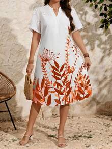 EMERY ROSE 大码女式镂空刺绣拼接印花夏季连衣裙 - 橘色 - 查看 3