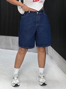 SHEIN ICON Quần short denim dáng suông màu trơn, cỡ lớn, có túi. - Rửa tối - Xem 3