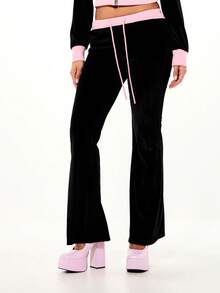 SUMWON WOMEN Flared Velour Joggers With Contrast Waistband Drawstring High Rise Wide Leg Casual Pants For Valentine - Black - View 1