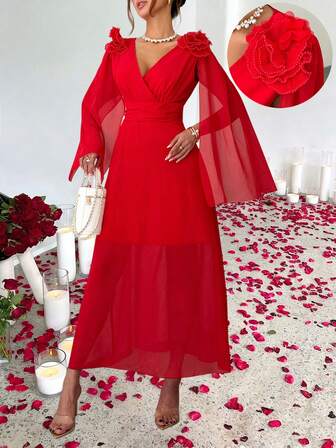 Rafferiza Women's Red 3D Floral Floral Patchwork Mesh Cape Long Dress, With Pleated Waist, Crossover V-Neck, Romantic Red Dress, Red Chiffon Valentine's Day Dress, Stylish And Elegant, Perfect For Valentine's Day Dates, New Year's Holidays, And Parties.Summer,Summer Dress ,Summer Holiday Outfits,Spring, Spring Outfit Women, Valentine's Day,Valentines Day Outfit,Carnival,Carnival Women,Beach,Beach Dress,Beach Dress,Wedding,Birthday,Birthday Dress,Gym,Going Out, Elegant, Elegant Dresses For Women,Vacation,Casual,Y2k,Graduation Season Attire, Fashionable Casual Commuter Wear, Business Office Wear, Versatile And Stylish Everyday Casual Wear, Urban Teacher's Professional AttireElegant Fitted Red Maxi Gown For Banquet,Elegant Dresses For Women,Elegant Dress Women, Wedding Guest Dress For Women,Wedding Party Dress,Red Dress,Valentines Day Dress,Valentine Outfits For Women,Valentine Clothes Elegant Dresses For Party Birthday Dress For Women