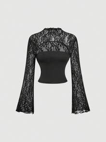 SHEIN MOD Áo thun nữ tay loe phối ren đen, kiểu vintage, áo dự tiệc, áo retro, phong cách đồng quê, boho, áo dự tiệc thanh lịch, mùa xuân, ngày Valentine, áo kiểu nữ thanh lịch, lãng mạn, ren, gothic, trang phục lễ hội. - màu đen - Xem 1