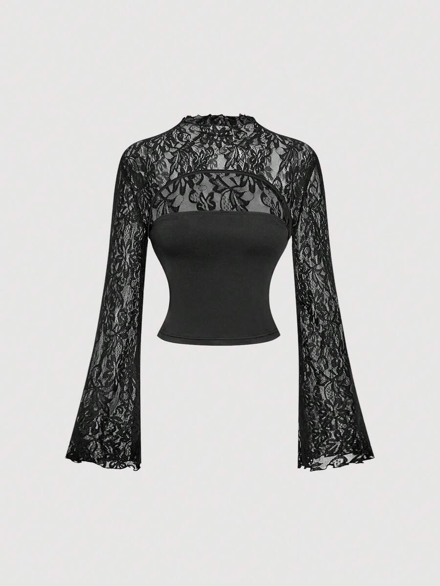 SHEIN MOD Áo thun nữ tay loe phối ren đen, kiểu vintage, áo dự tiệc, áo retro, phong cách đồng quê, boho, áo dự tiệc thanh lịch, mùa xuân, ngày Valentine, áo kiểu nữ thanh lịch, lãng mạn, ren, gothic, trang phục lễ hội. - màu đen - Xem 1