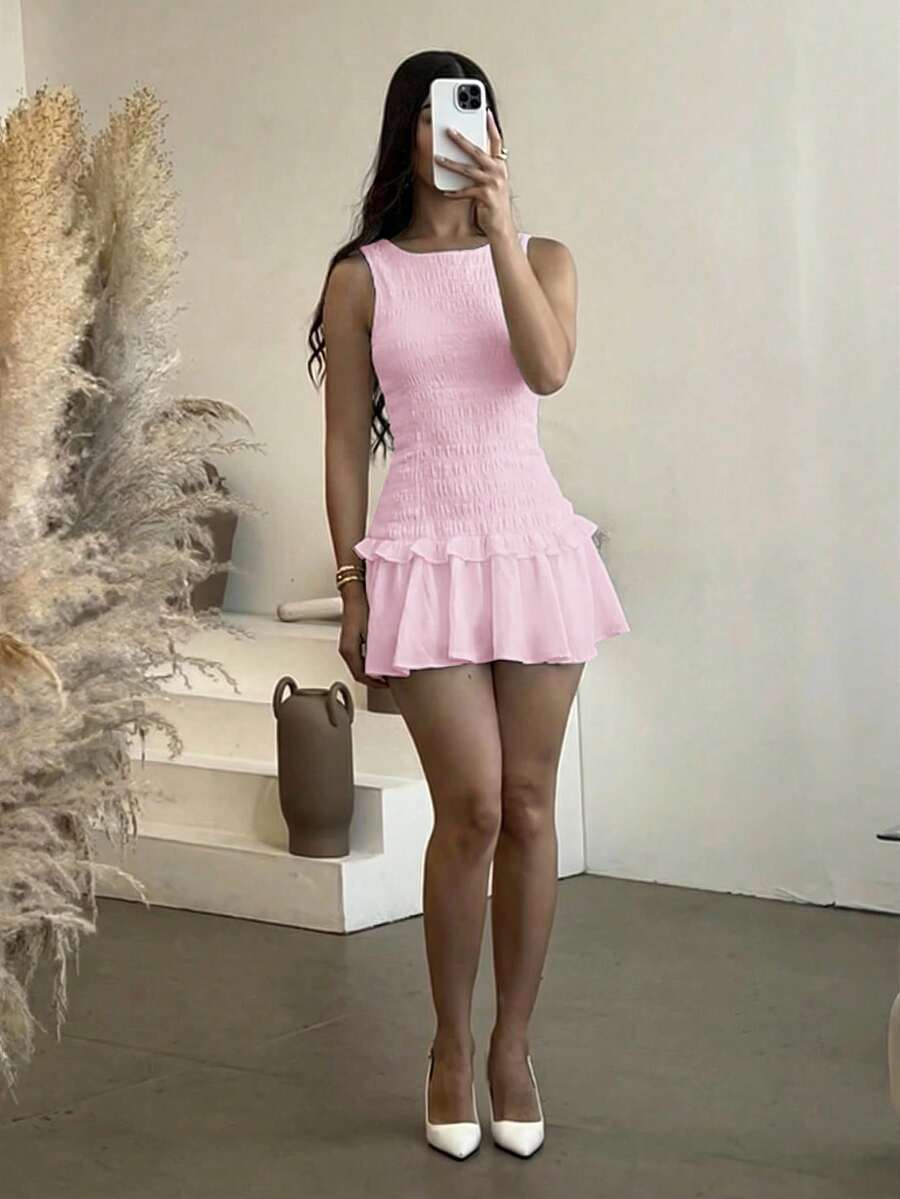 Andrea Bello 杏色荷叶边下摆迷你连衣裙 - 粉色 - 查看 1