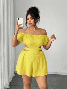 Elenzga Plus Size Women's French Textured Off-Shoulder Jumpsuit, Light Yellow Summer Smart Casual Vacation Curvy Linen Two Piece Set Brunch Beach - Yellow - View 4