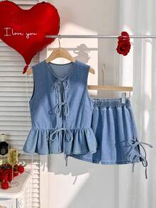 Comfortcana 女士休闲水洗抽绳无袖牛仔上衣和短裤套装 - 中等水洗藍 - 查看 3