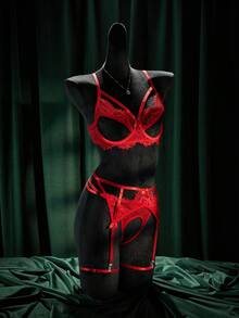 SpicyHot Bộ đồ lót 5 món cỡ lớn lãng mạn, quyến rũ, cực kỳ gợi cảm theo phong cách cô dâu ngày Valentine: Áo ngực ren + Quần lọt khe + Dây nịt + 2 vòng đeo chân. - Đỏ - Xem 1