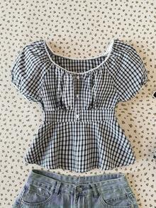 SHEIN 少女春夏休闲度假街头风蕾丝边拼接方领黑白格纹梭织纽扣衬衫 - 黑與白 - 查看 1